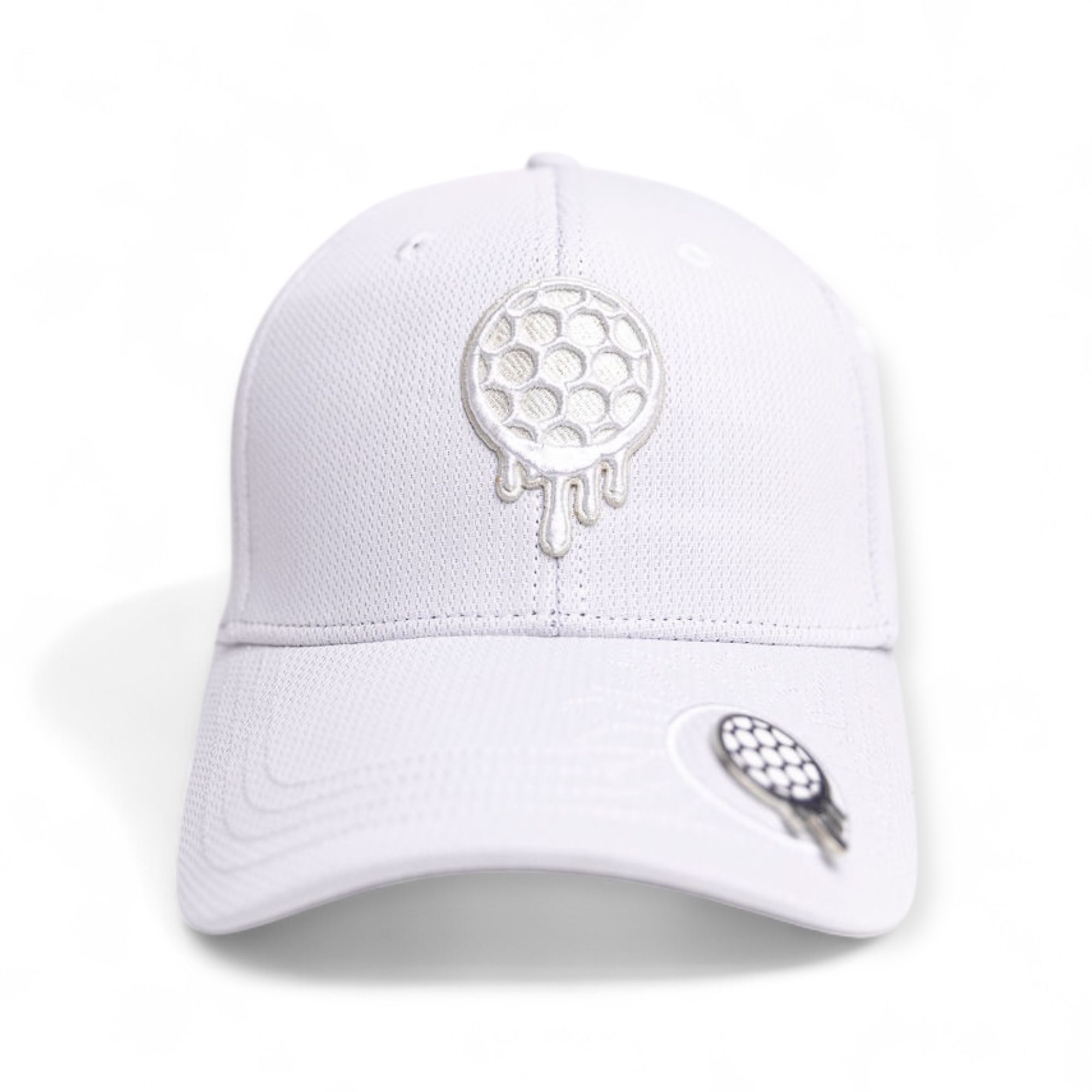 White cap with a honeycomb and dripping design on the front.