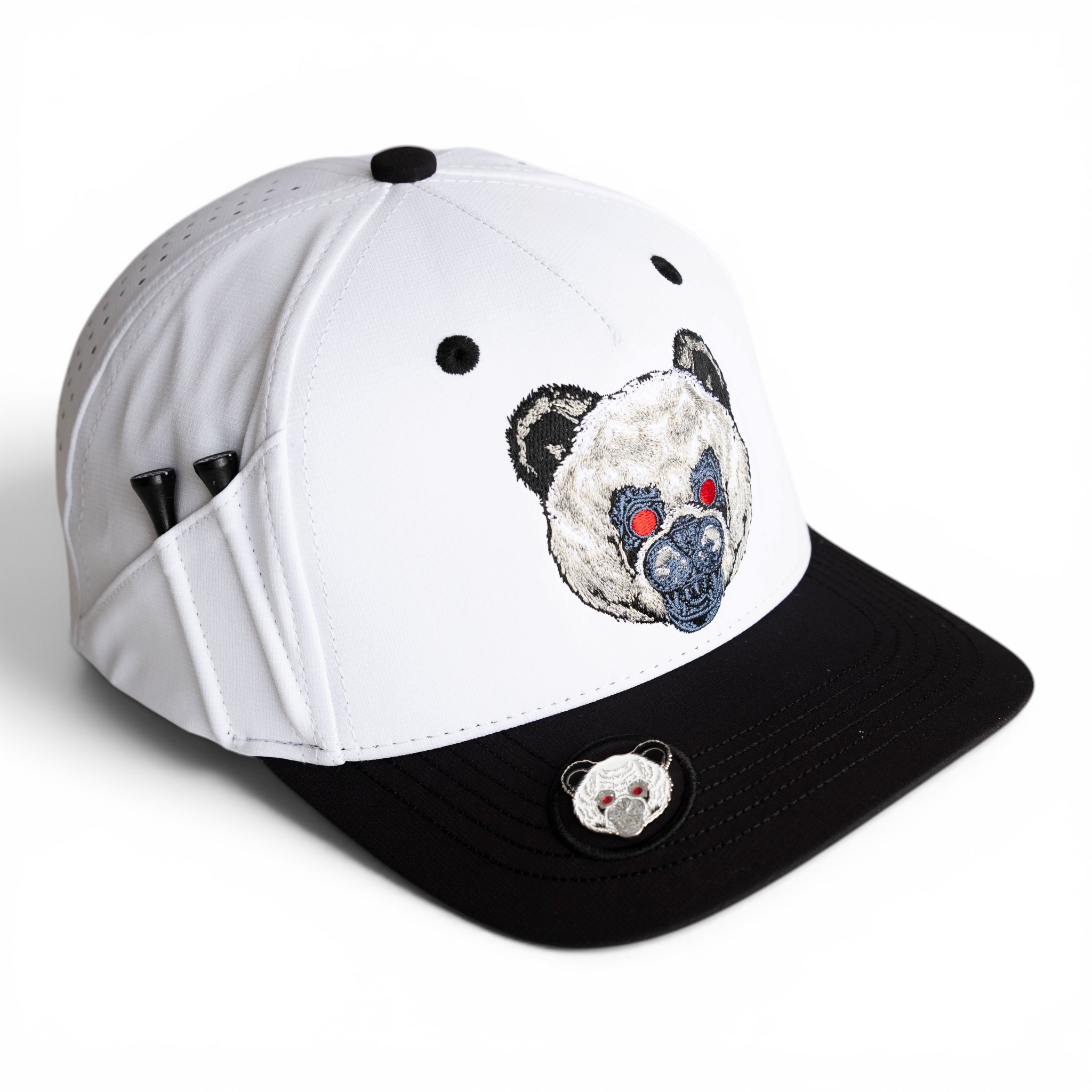 A white and black cap with an embroidered robotic panda, a tee holder, and a matching pin.