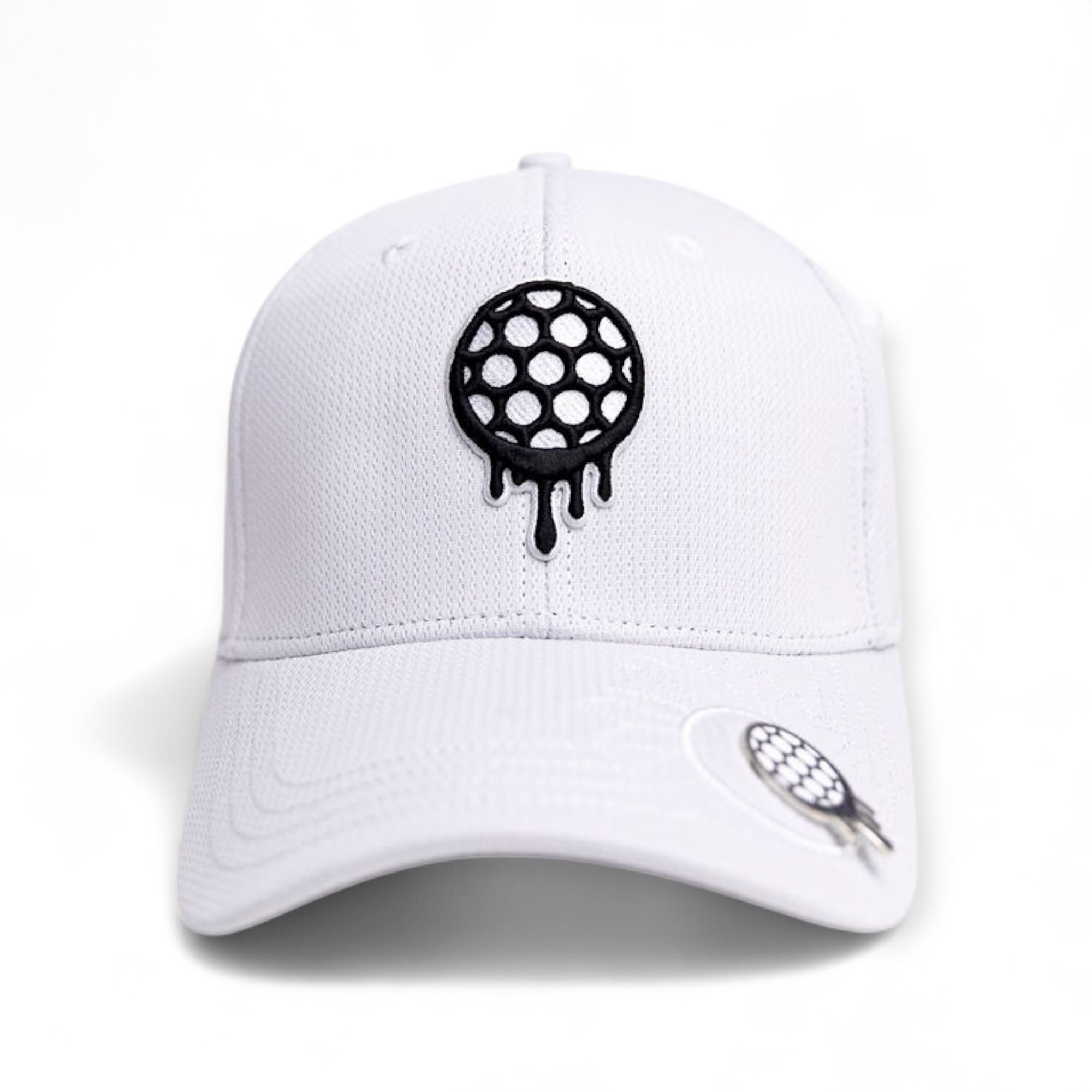 White cap with a black and white dripping circle logo on the front.