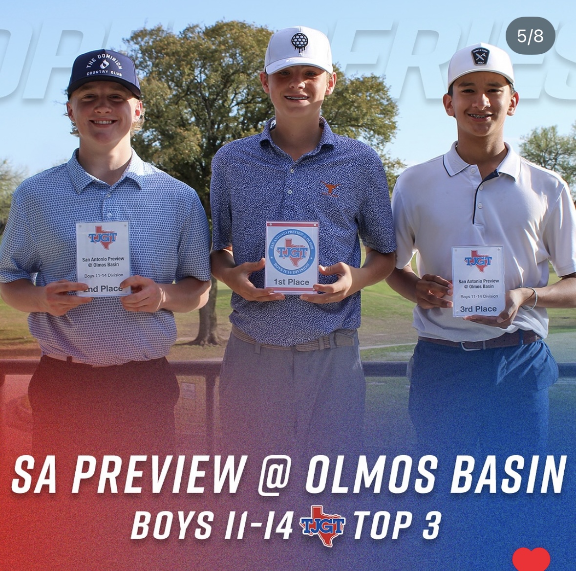 Three boys holding golf tournament trophies at Olmos Basin, San Antonio Preview.
