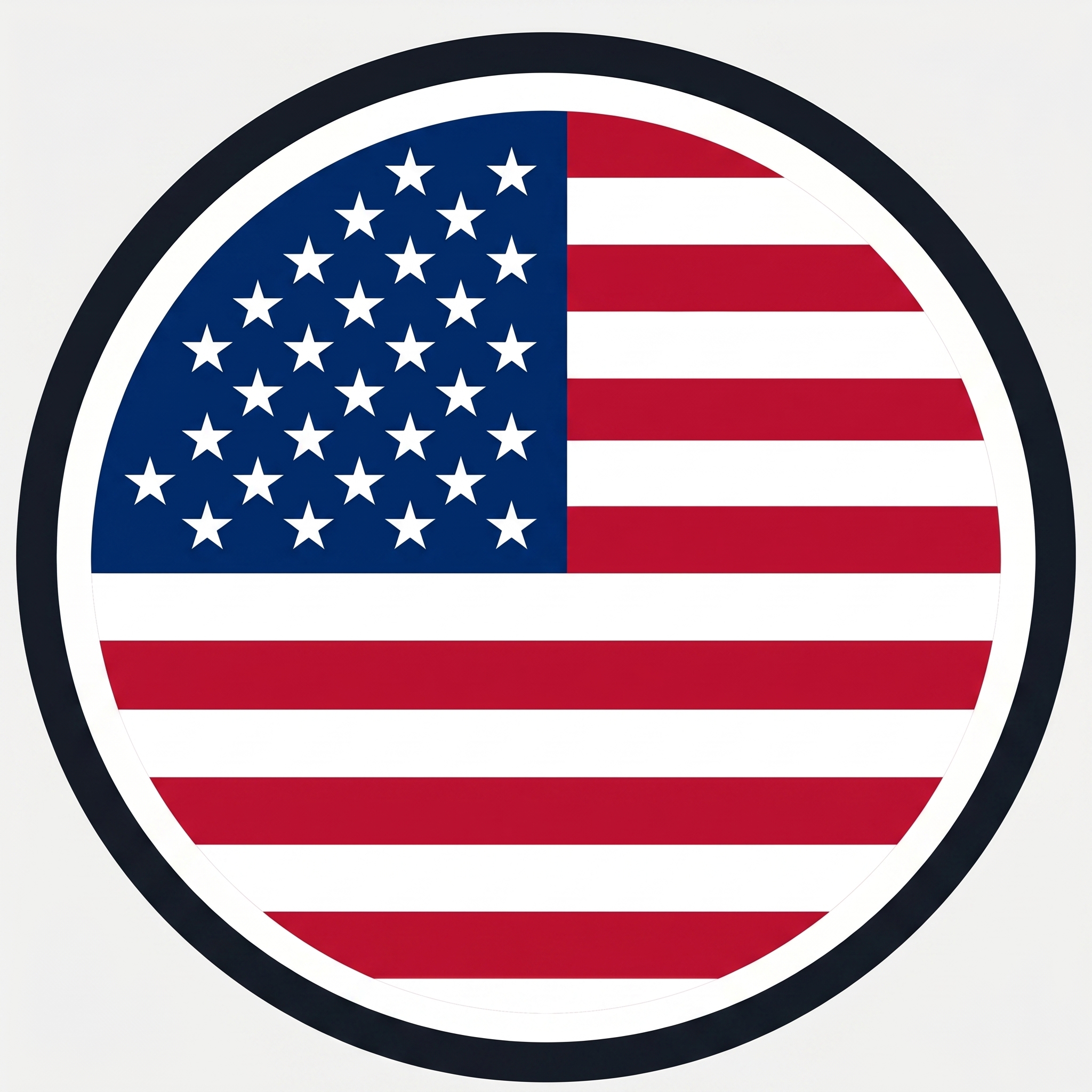 A circular emblem of the American flag with a black and white border on a white background.