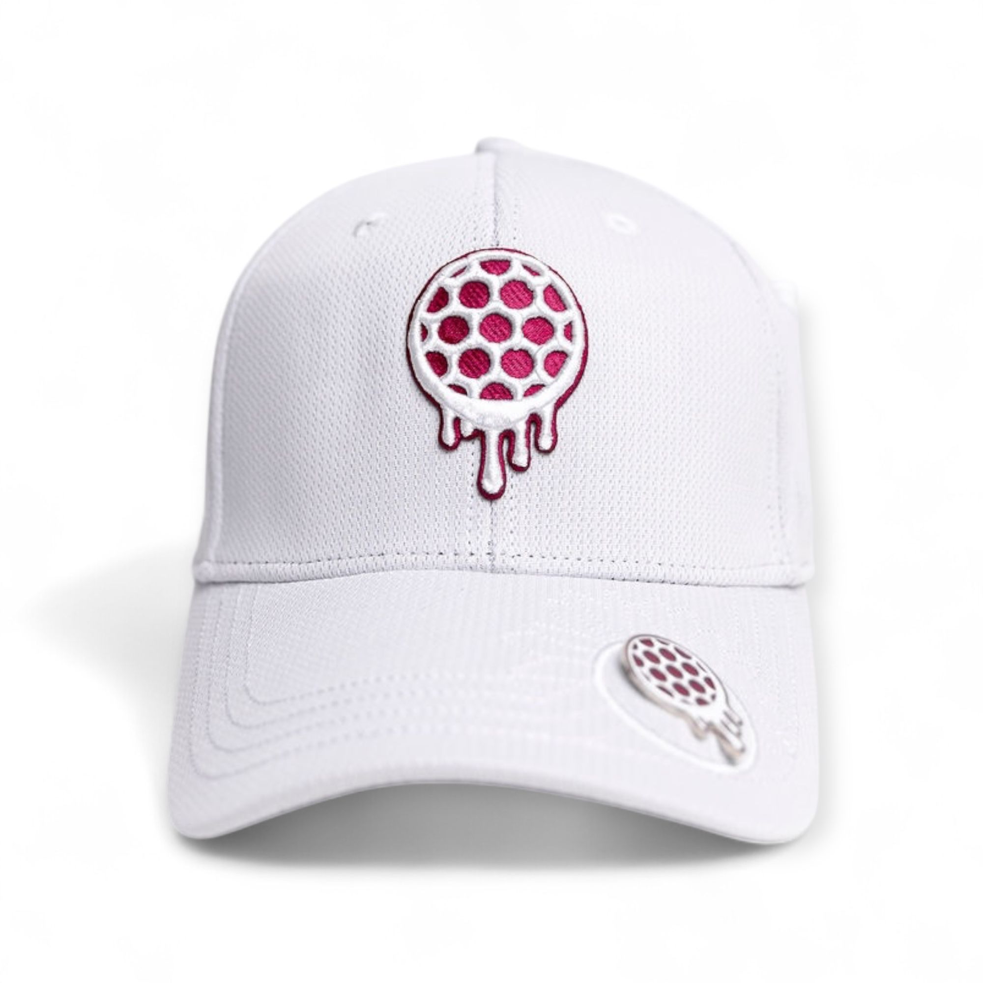 White cap with a pink and white dripping circle design on the front.