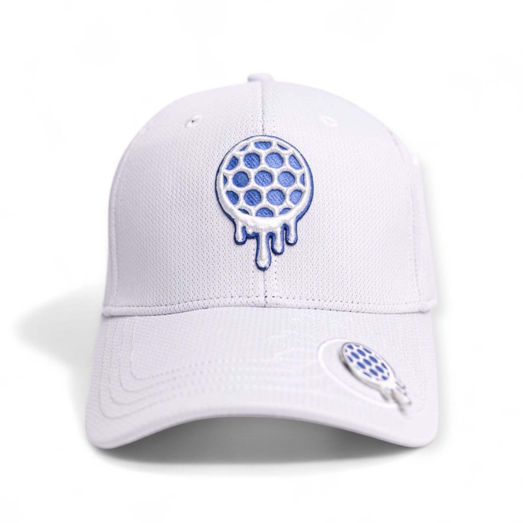 White cap with blue honeycomb pattern and dripping design.