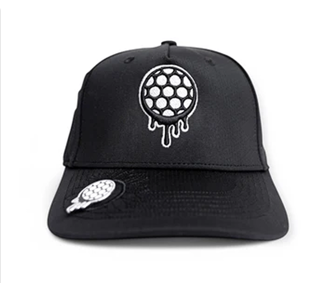 Black cap with a dripping circle pattern on the front.