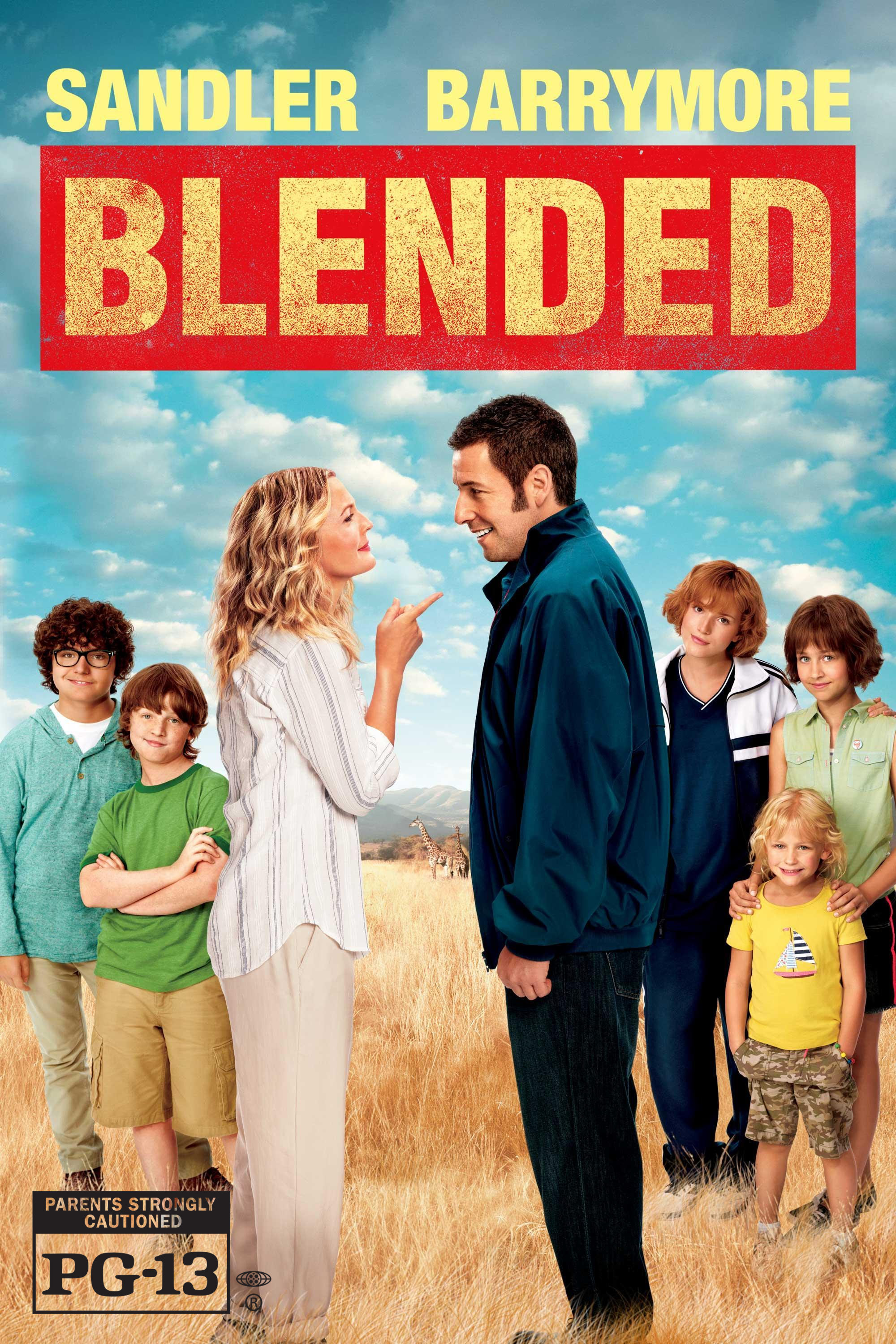 The movie poster for 'Blended,' featuring Adam Sandler and Drew Barrymore with five children in a savanna.