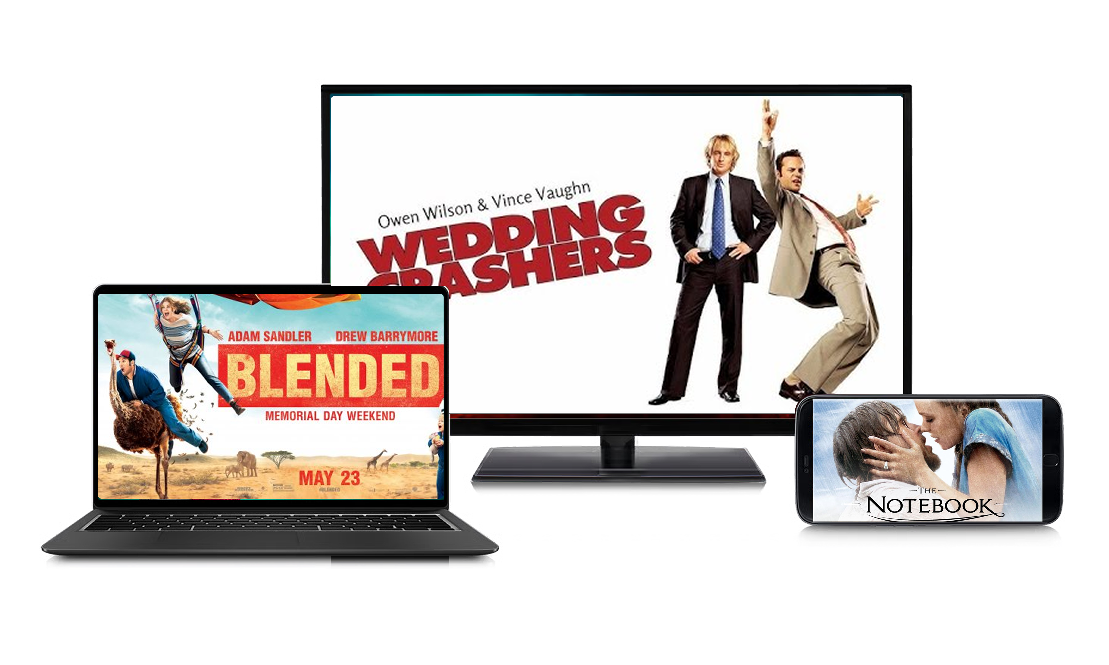 A laptop, TV, and smartphone display posters for the movies Blended, Wedding Crashers, and The Notebook.