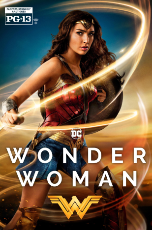 Wonder Woman movie poster with character in action pose, holding a shield.