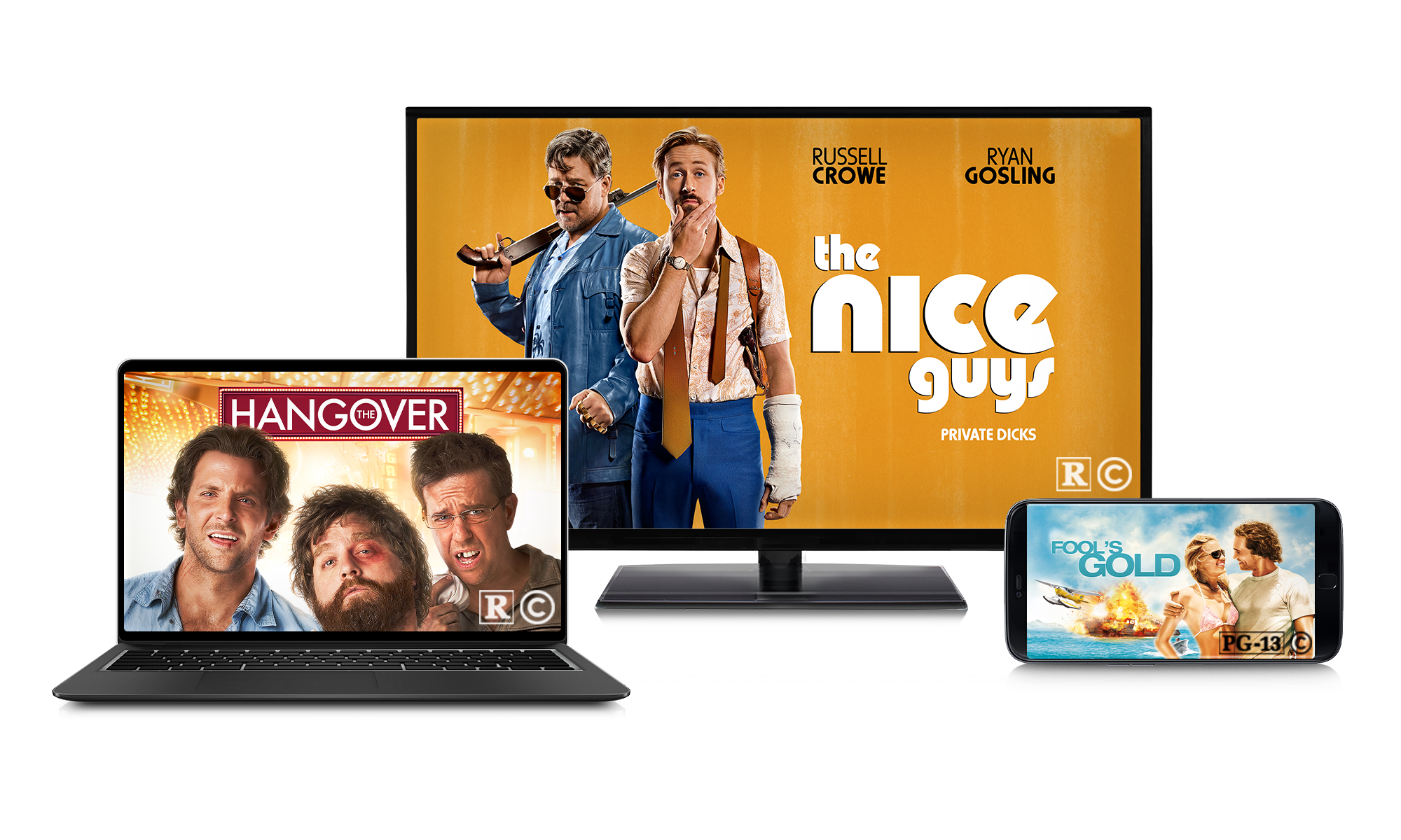 A laptop, TV, and smartphone display posters for the movies Blended, Wedding Crashers, and The Notebook.