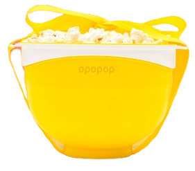 Yellow bowl filled with popcorn, labeled 'opopop'.