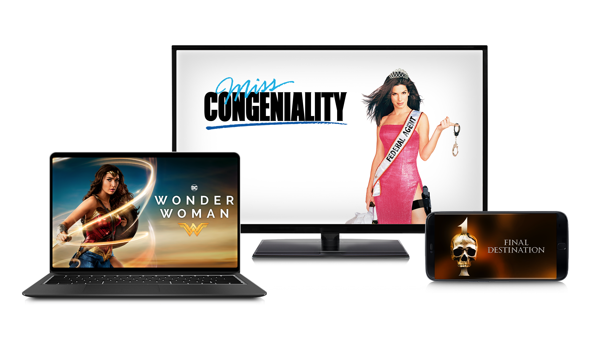 Three movie DVDs with covers: Final Destination, Wonder Woman, and a comedy film.