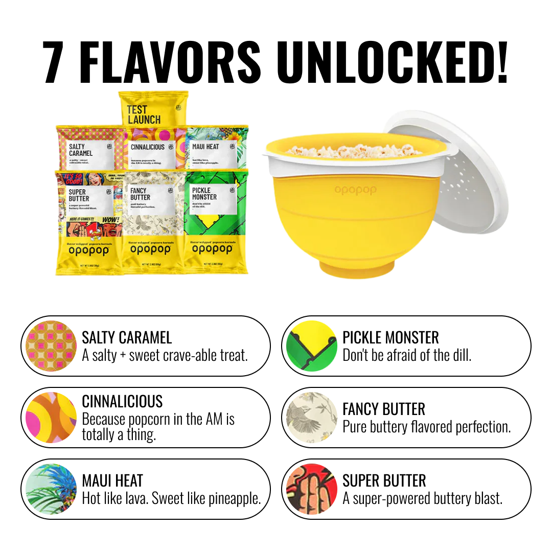 Opopop Flavor Wrapped Kernels Discovery Kit with popcorn popper and 7 flavor pouches