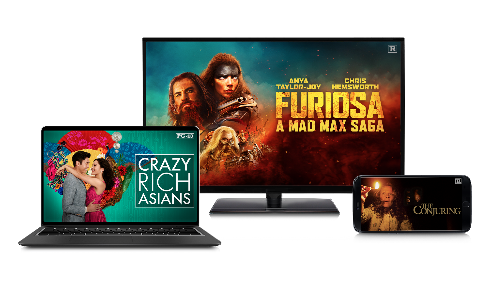 Laptop, TV, and phone displaying different movie posters.