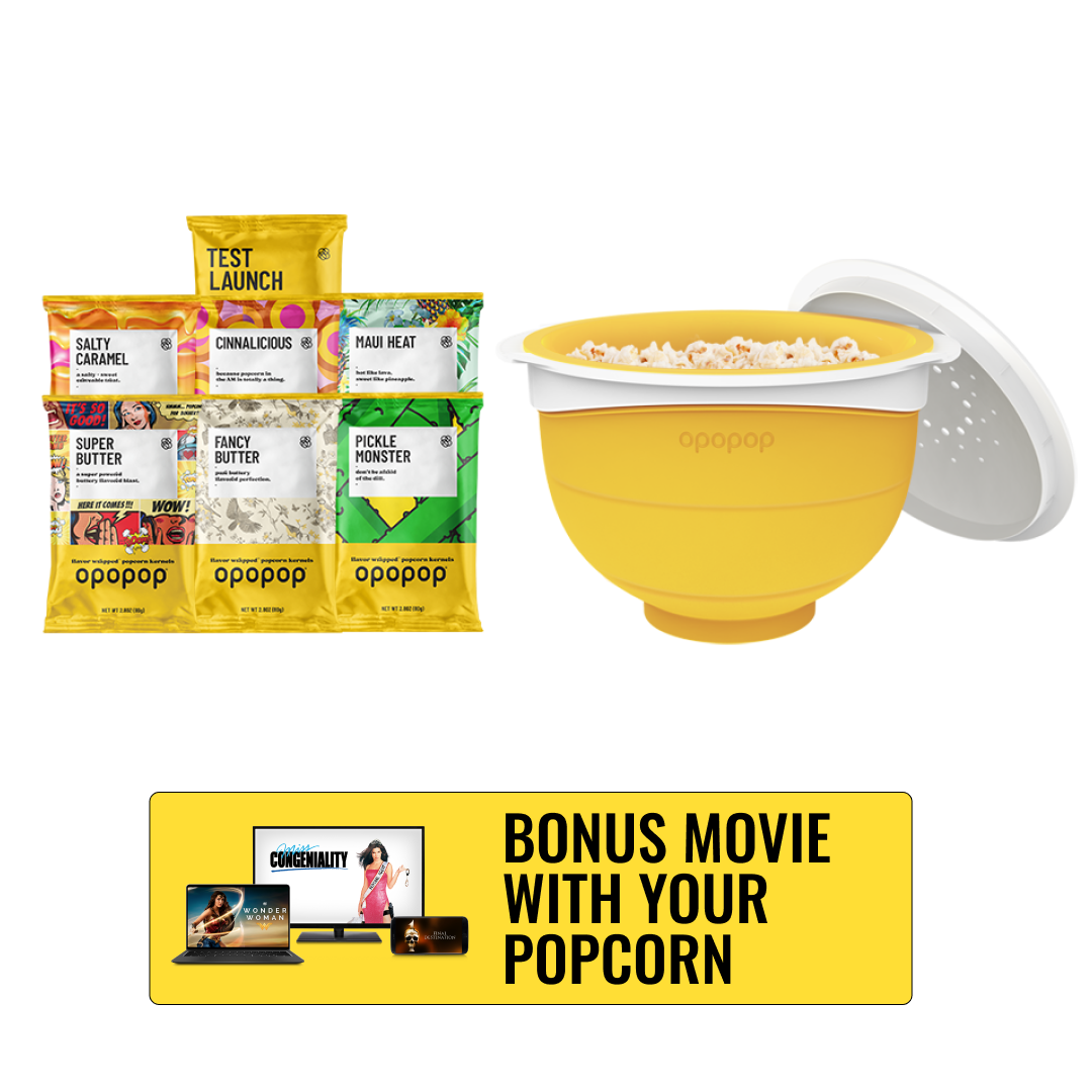 Opopop Flavor Wrapped Kernels Discovery Kit with popcorn popper and 7 flavor pouches