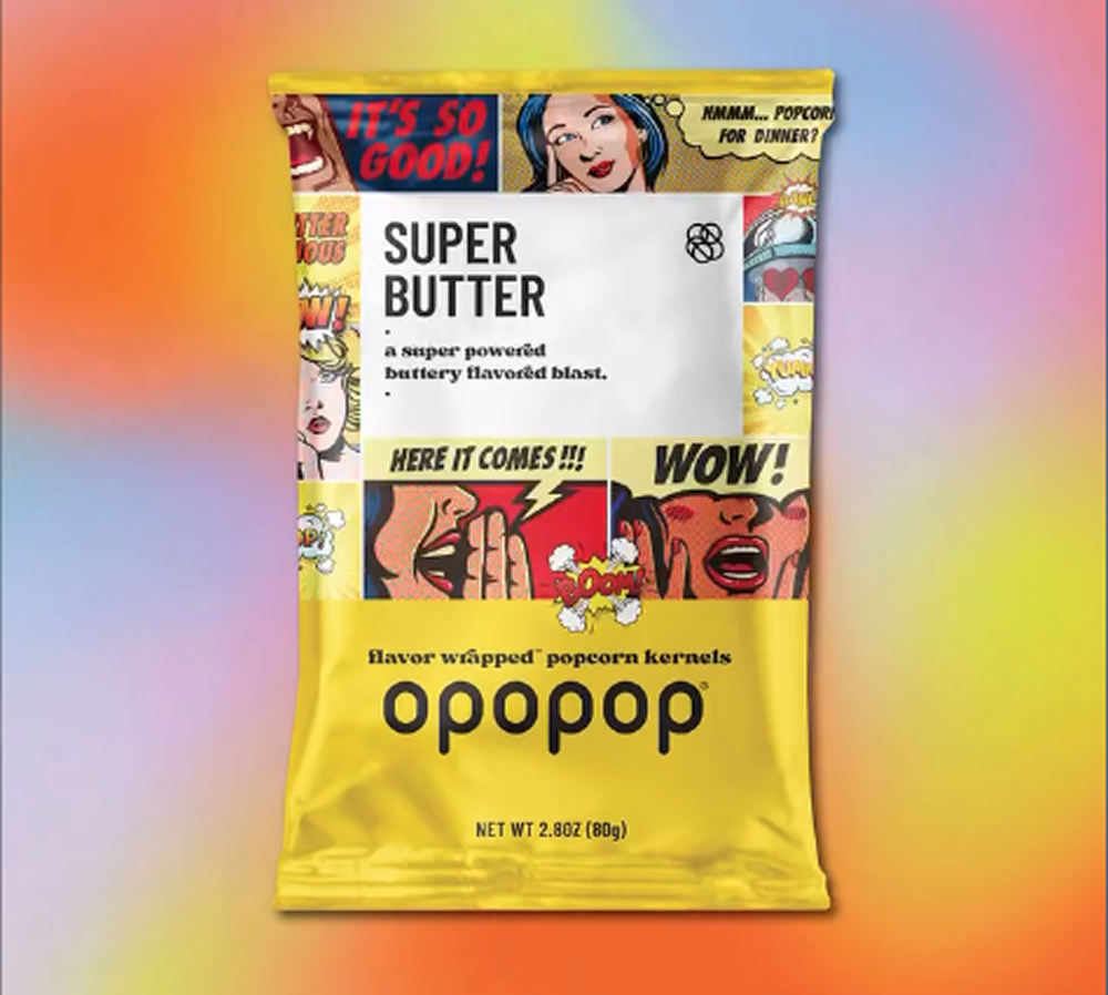 Colorful popcorn packaging with comic-style graphics and text, labeled 'Super Butter' by Opopop.