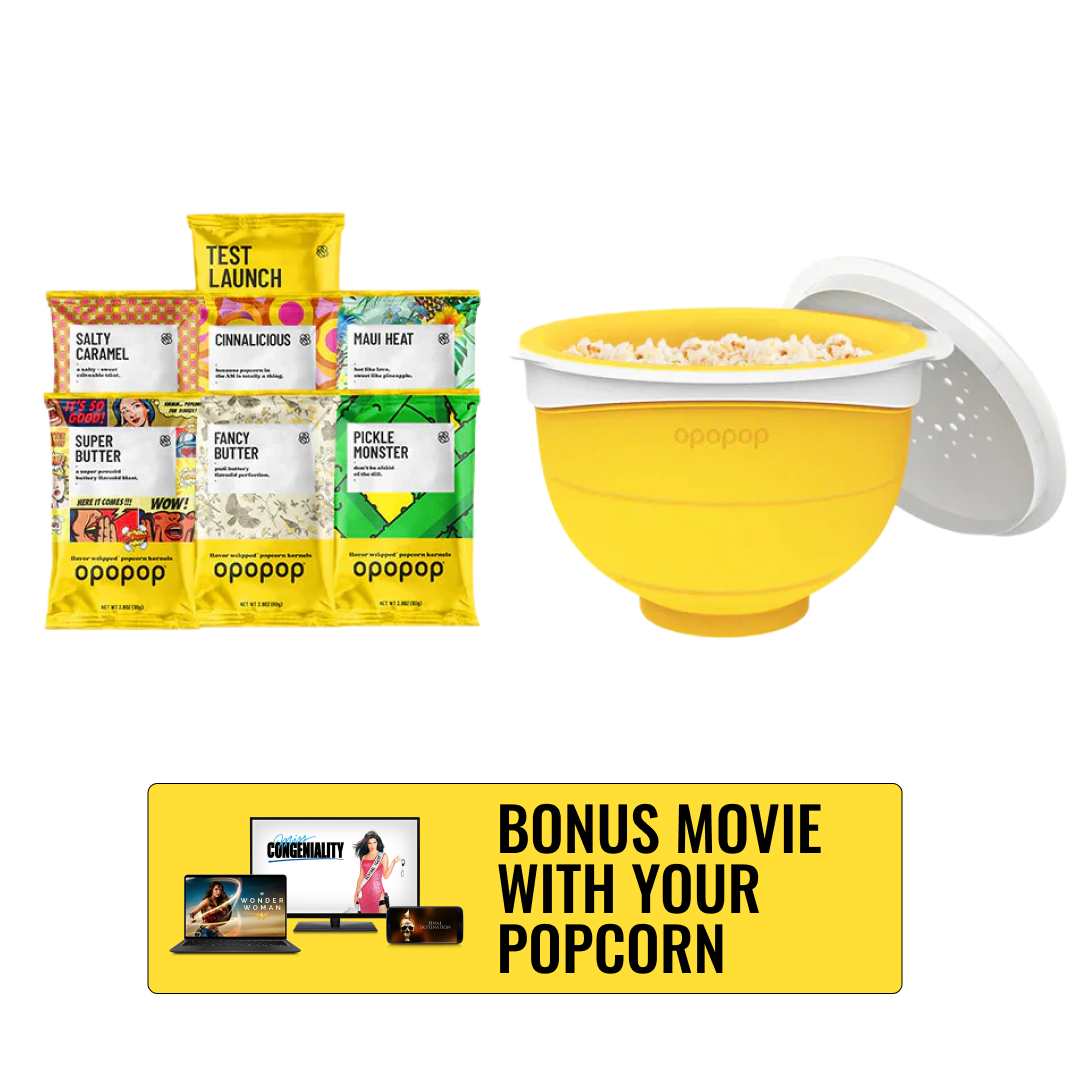 Opopop Flavor Wrapped Kernels Discovery Kit with popcorn popper and 7 flavor pouches