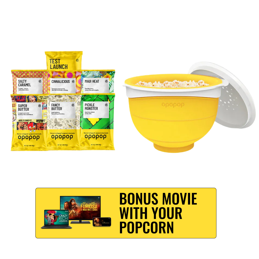 Opopop Flavor Wrapped Kernels Discovery Kit with popcorn popper and 7 flavor pouches