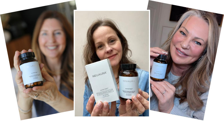 Three women holding NeuAura supplement bottles and packaging.