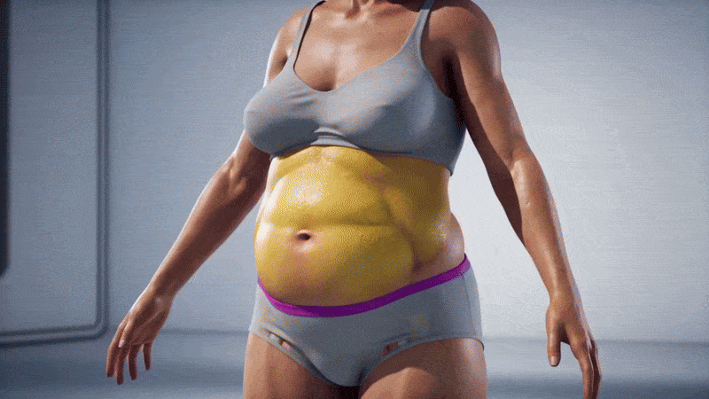 Animated image showing a woman's torso with highlighted abdominal fat.