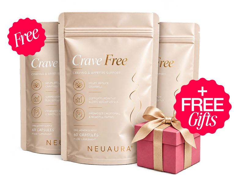 Three pouches of NeuAura Crave Free supplement sit behind a small pink gift box with promotional text.