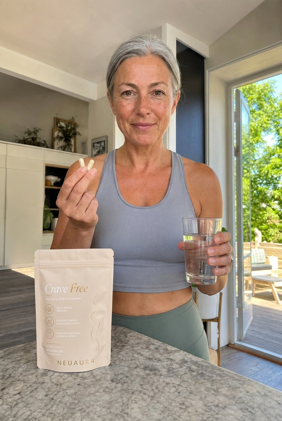 A before and after image showing a woman's physical transformation, with a more toned appearance in the after photo.