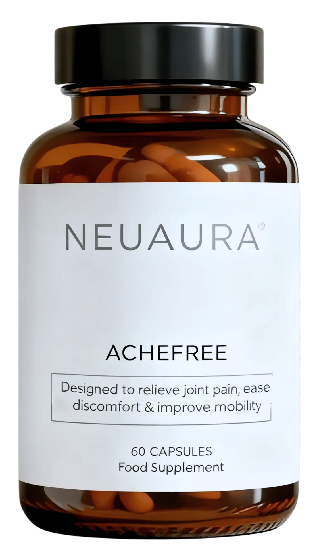Brown bottle labeled 'NEUAURA ACHEFREE' with white cap.