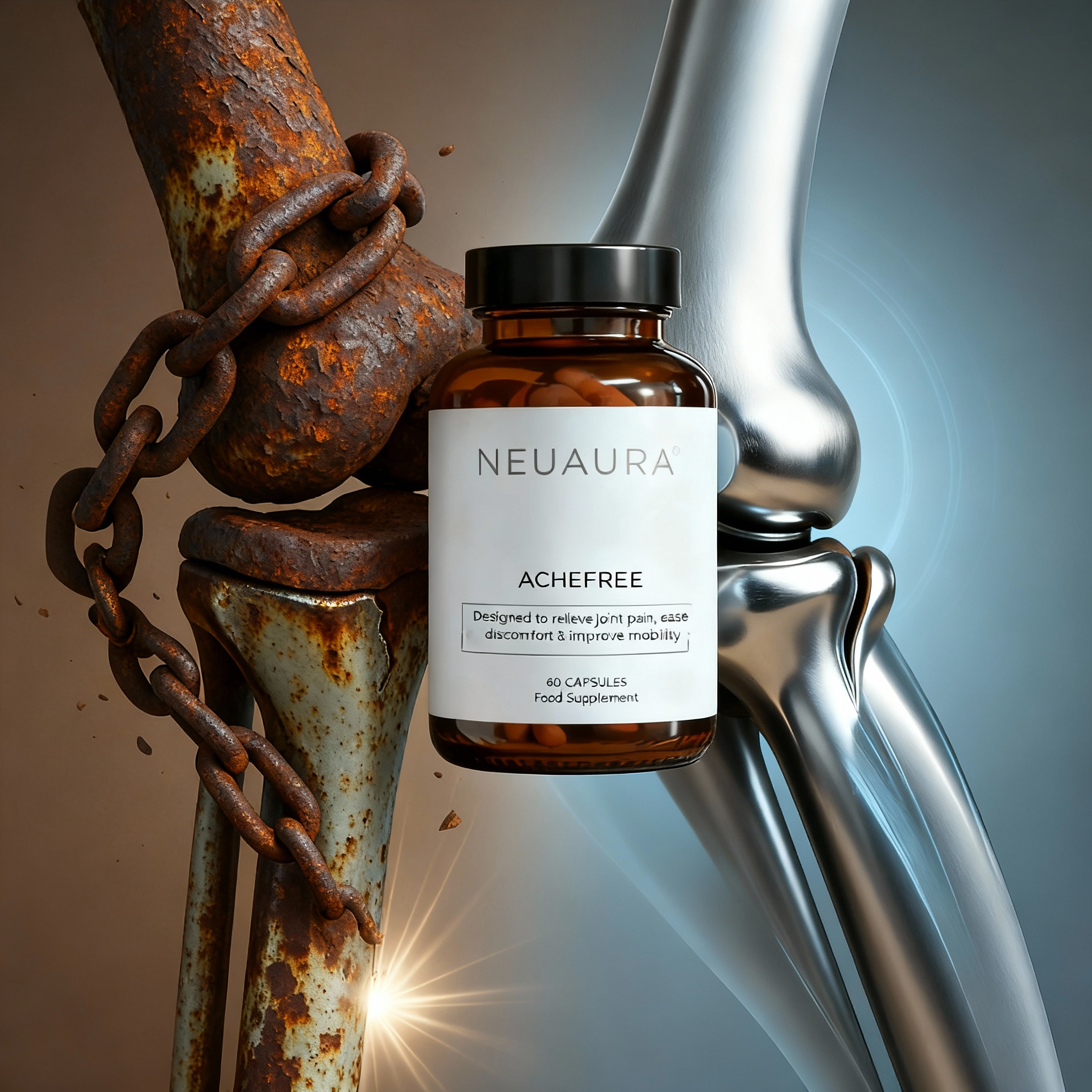 A bottle of NeuAura supplements beside a rusted chain and a shiny, metallic bone.