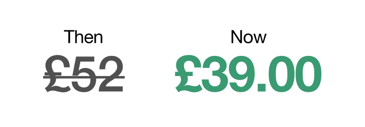 Text showing a discounted price: Now £37.
