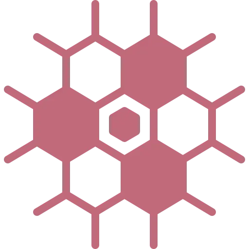 A purple graphic of interconnected hexagons with lines extending outward from the structure.