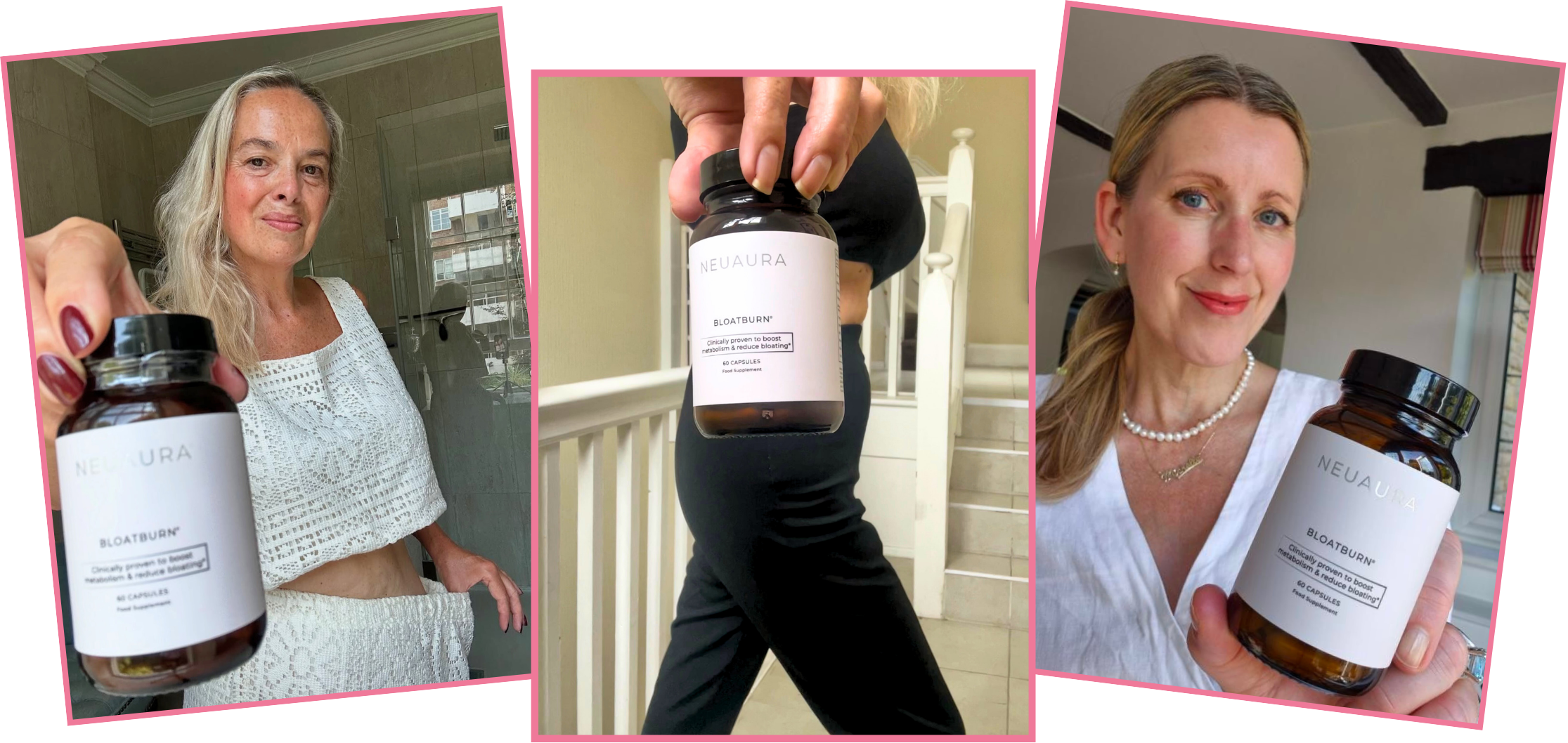 Three women holding NeuAura BloatBurn supplement bottles in different settings.