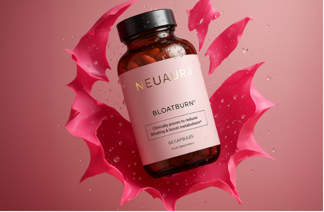 Brown bottle labeled 'BLOATBURN' with pink splash background and water droplets.