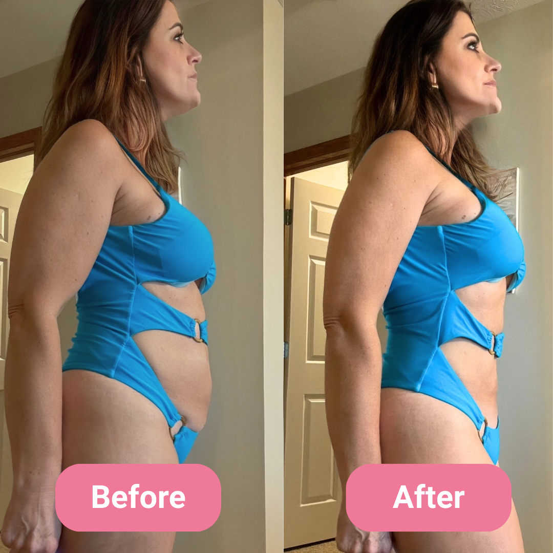 Side-by-side comparison of a woman in a blue swimsuit labeled 'Before' and 'After.'