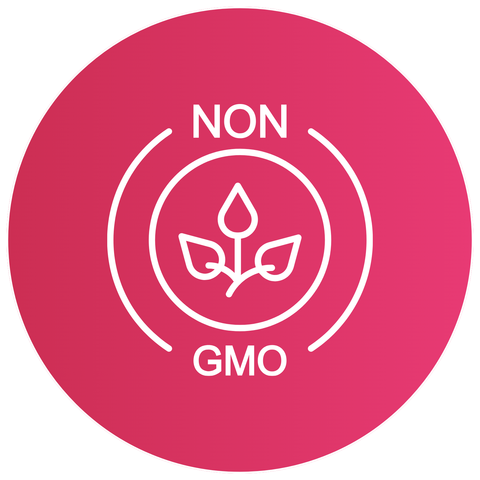 Non-GMO icon with a plant inside a circle on a pink background.