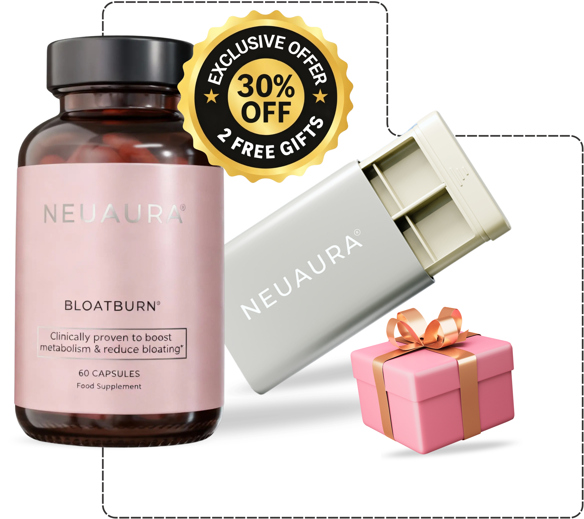 A promotional image of Neuaura Bloatburn supplements, a pill case, and a gift box with an offer.