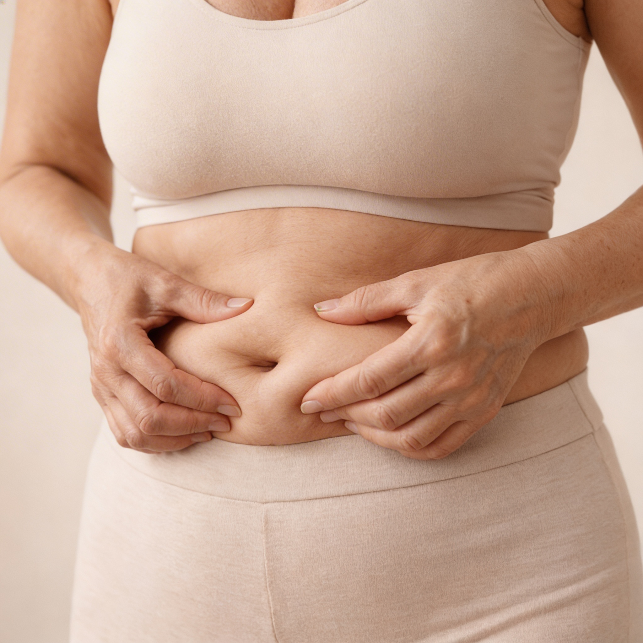 A woman in a beige sports bra and bottoms pinches the skin on her stomach.