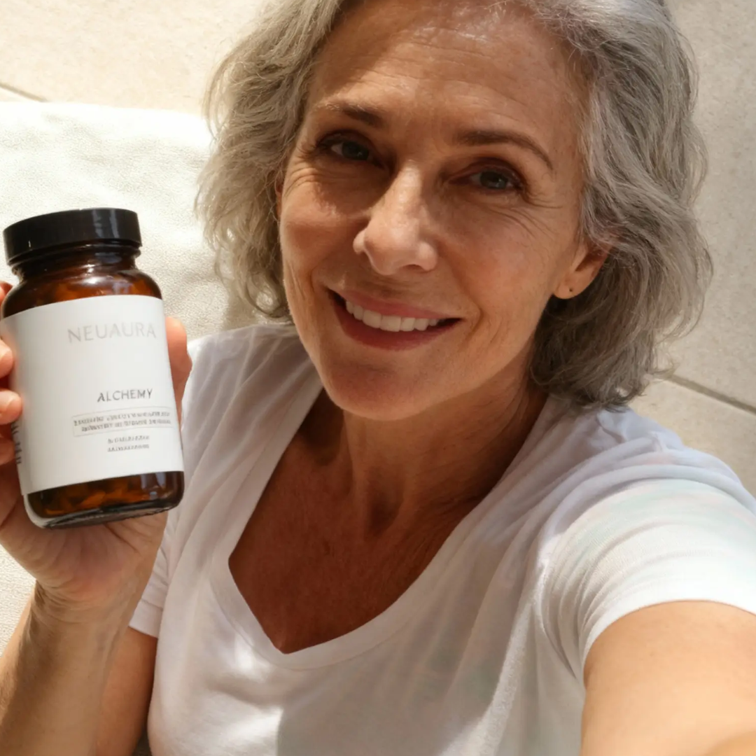 Person smiling, holding a bottle labeled 'NEUAURA Alchemy'