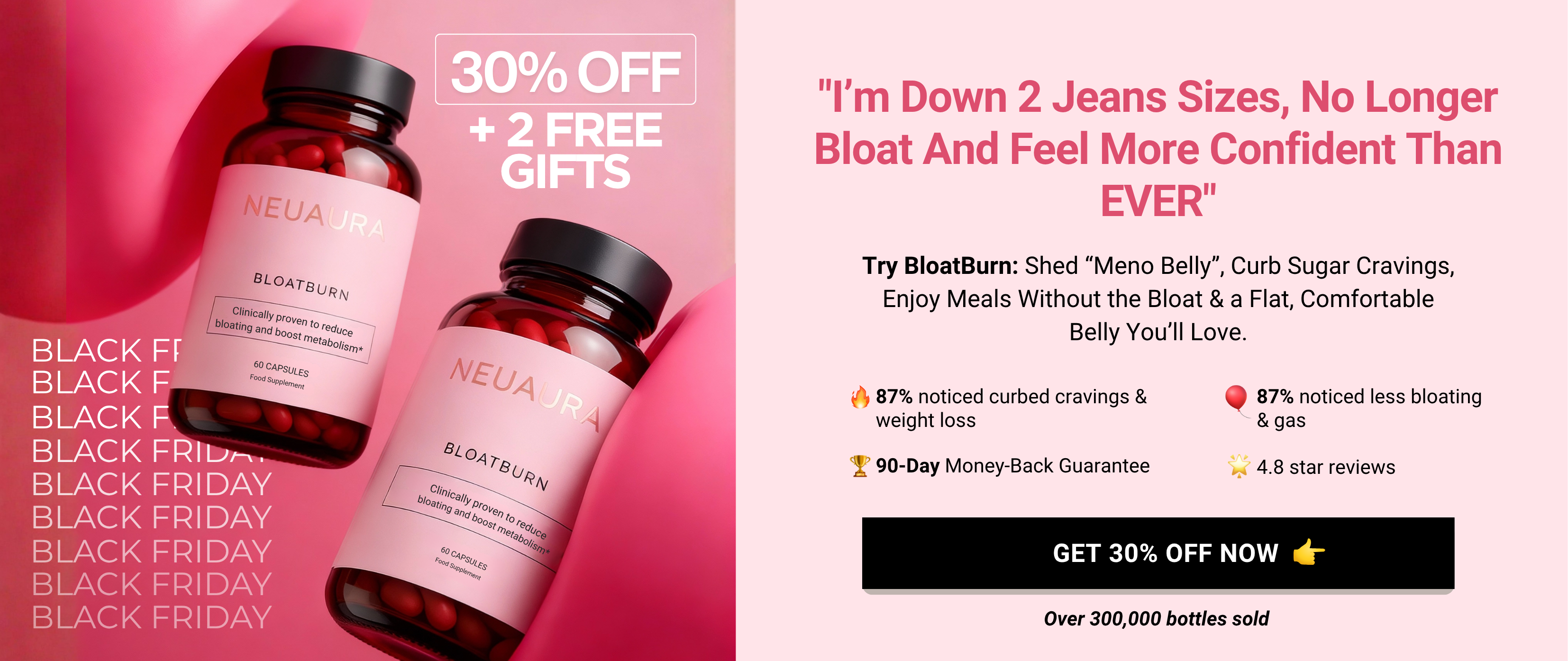 Two bottles labeled 'NEUAURA BLOATBURN' with promotional text and discount offers.