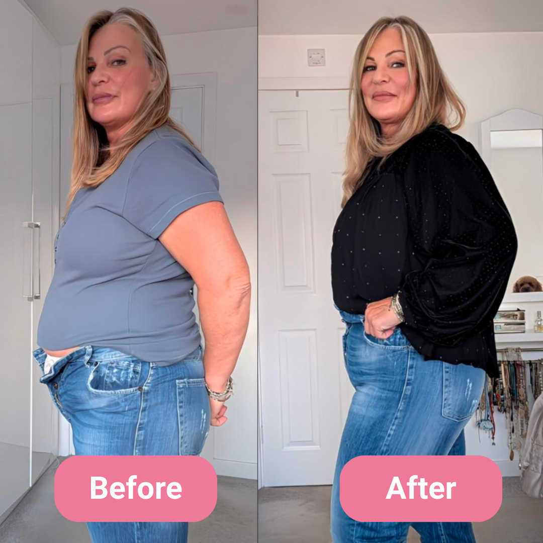 Side-by-side comparison of a woman in 'Before' and 'After' outfits.