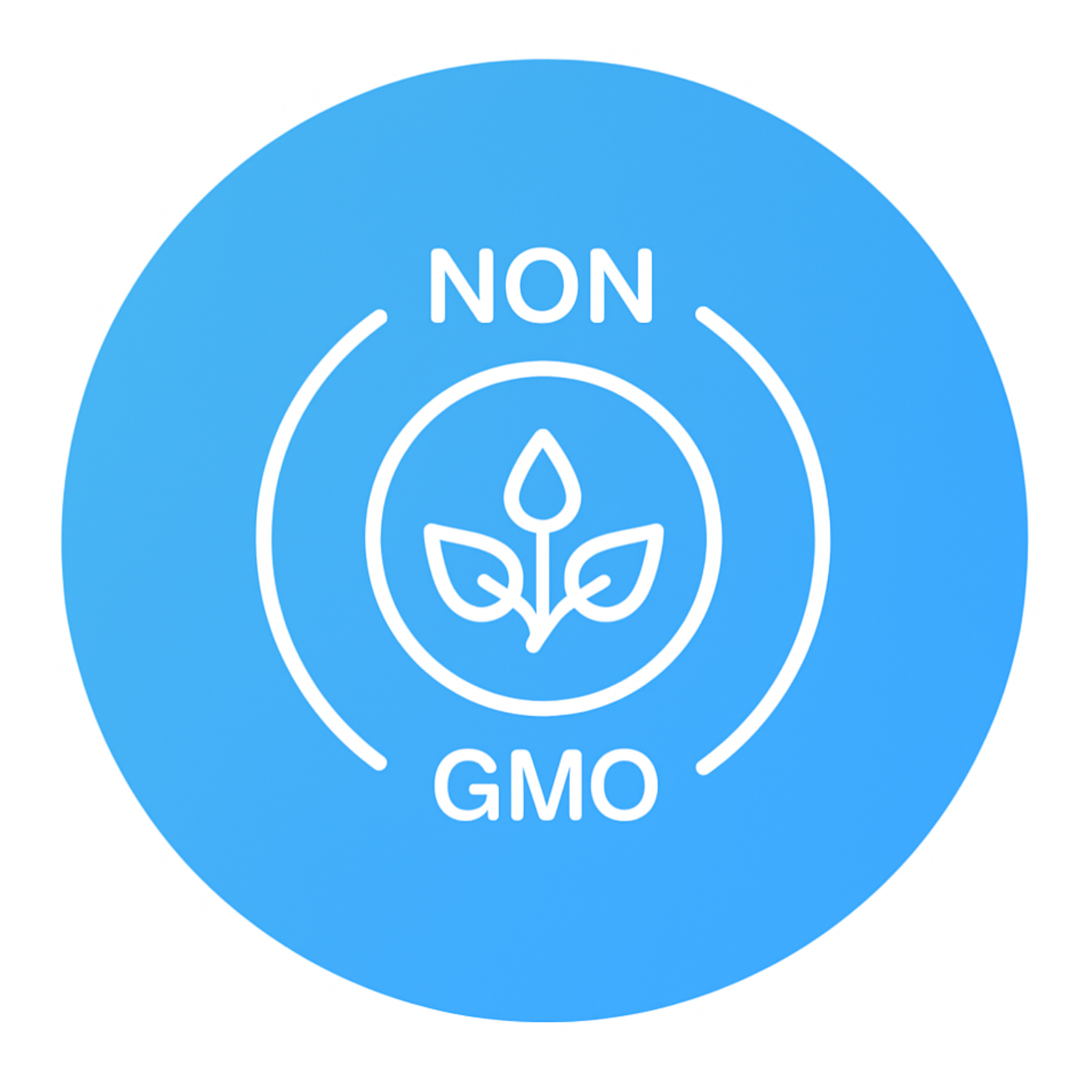 Blue circular icon with 'Non GMO' and a leaf symbol.
