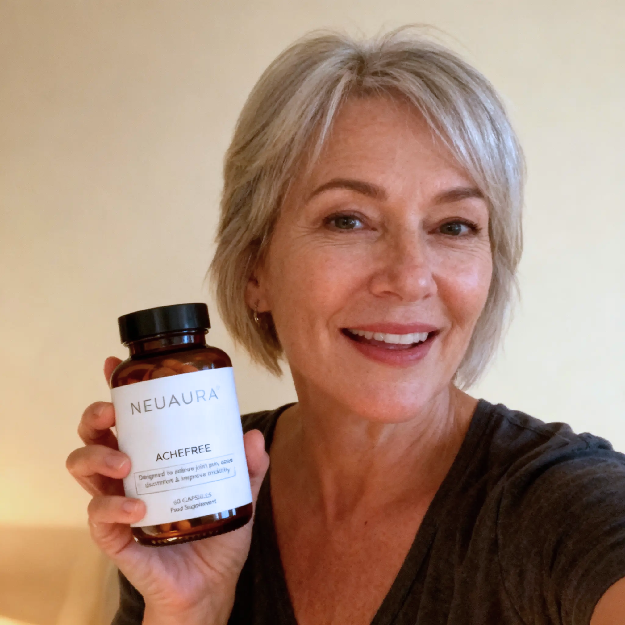 Person smiling, holding a bottle labeled 'NeuAura AcheFree'