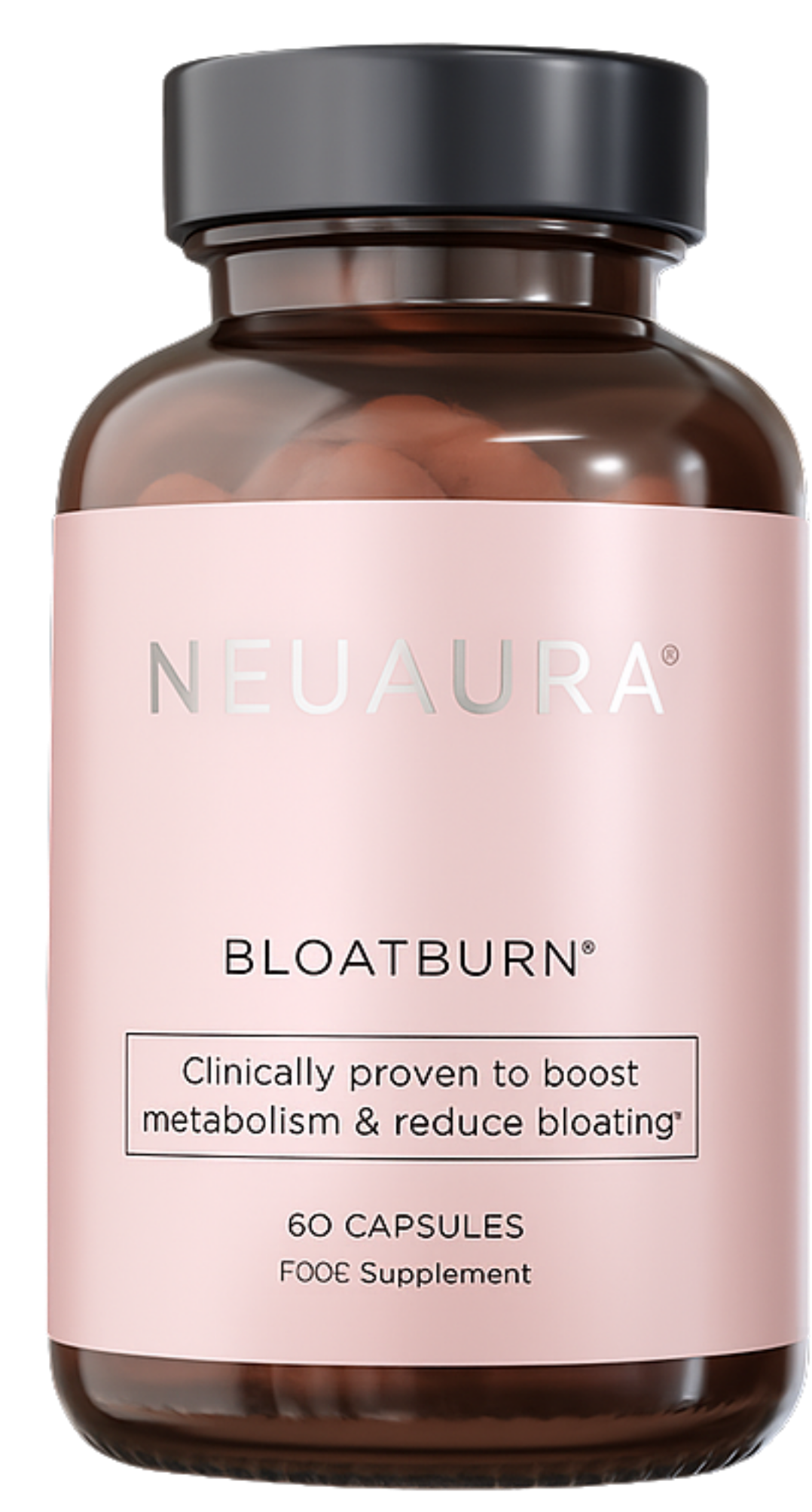 Brown bottle with pink label saying 'Bloatburn' and supplement information.