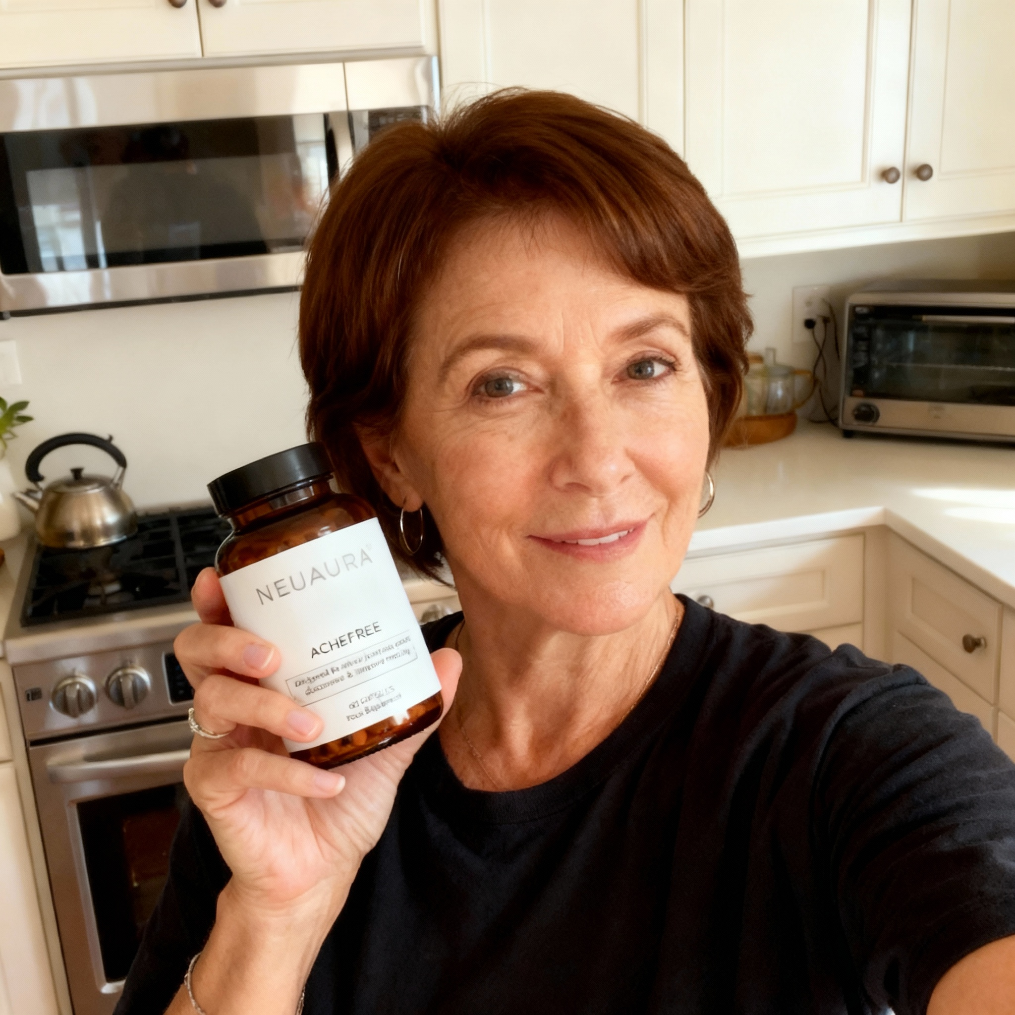 Person holding a bottle labeled 'NEUAURA' in a kitchen.