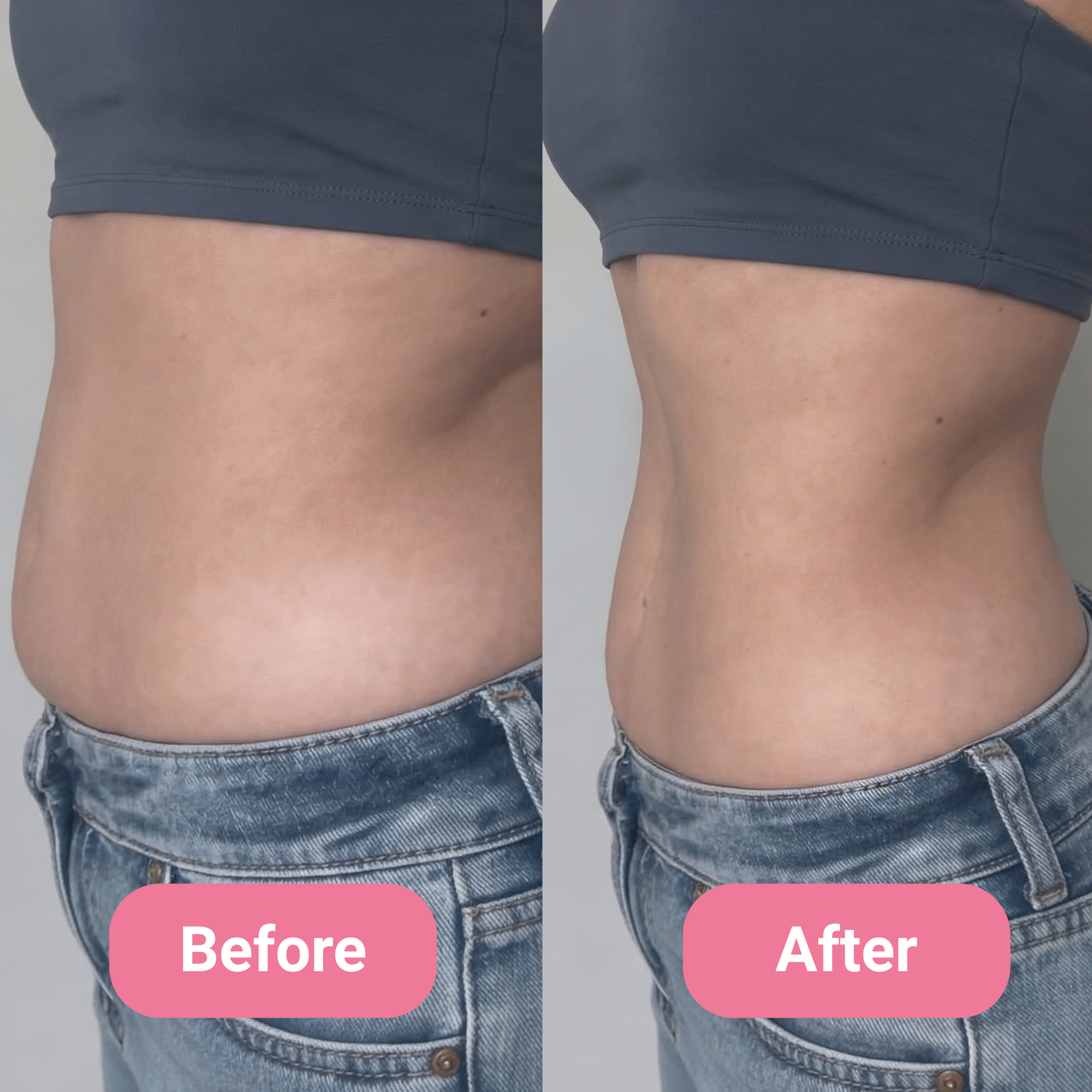A before and after comparison of a woman's midsection, showing a flatter and more toned stomach.