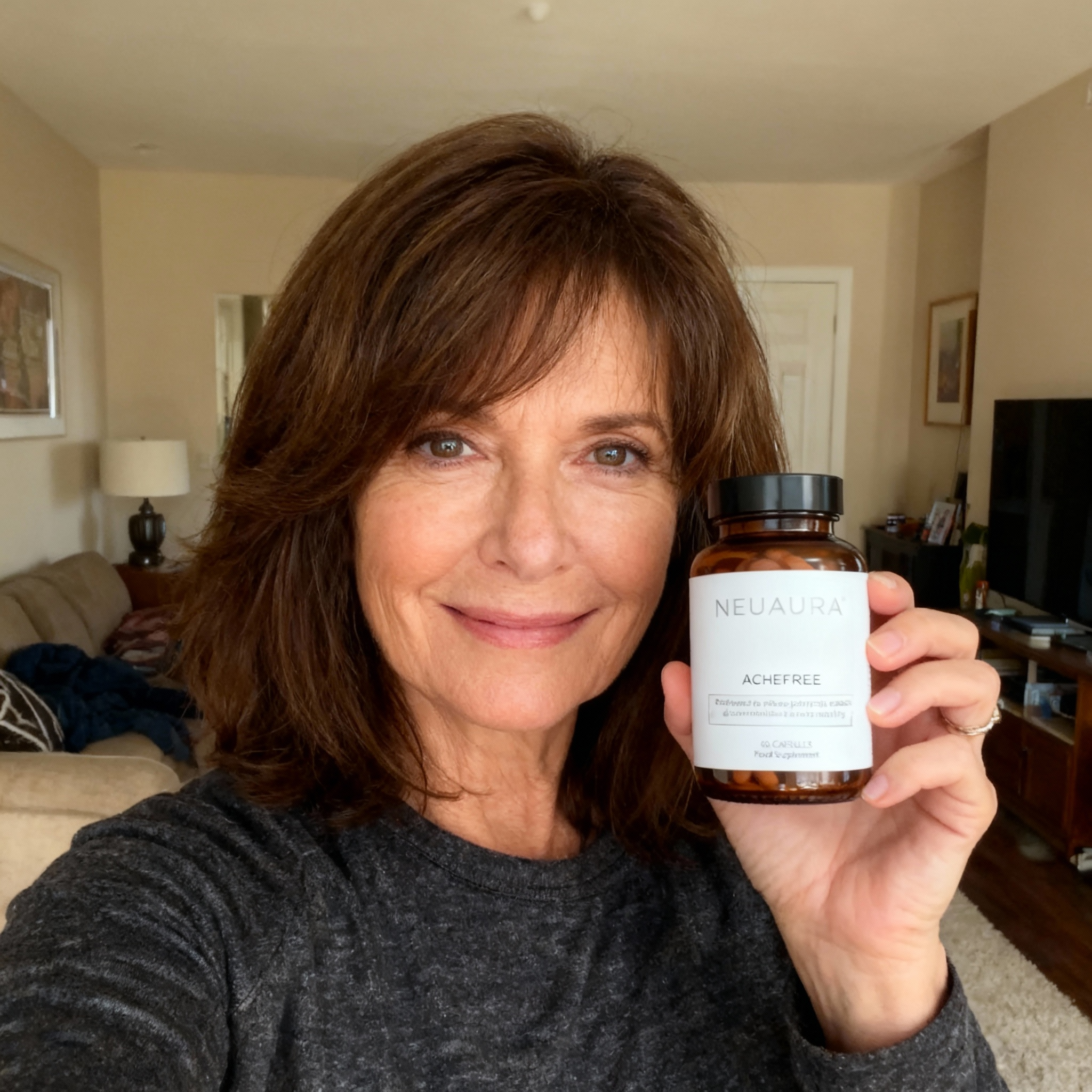Person holding a bottle labeled 'Neuaura Achefree' in a living room.