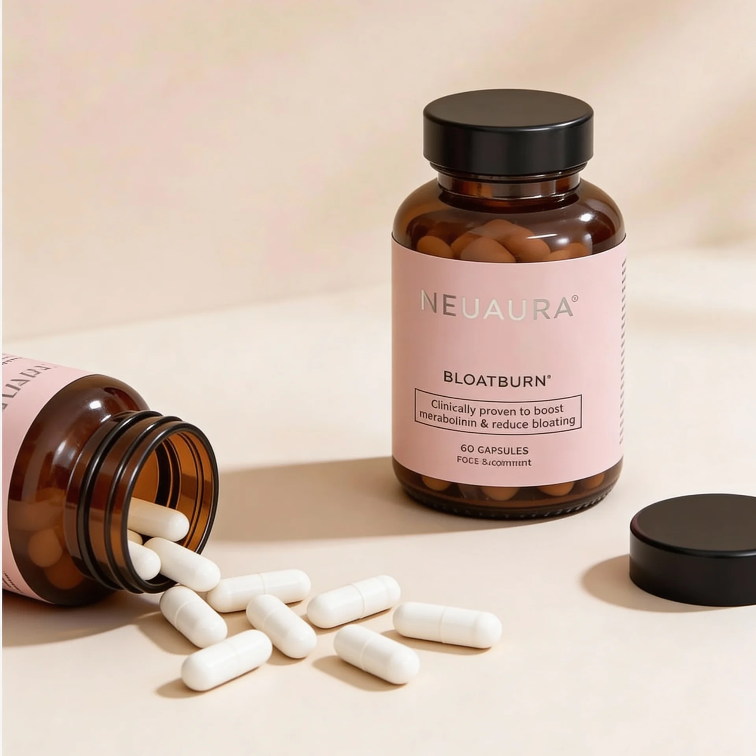 Two bottles of Neuaura Bloatburn supplements, one lying on its side with white capsules spilling out.