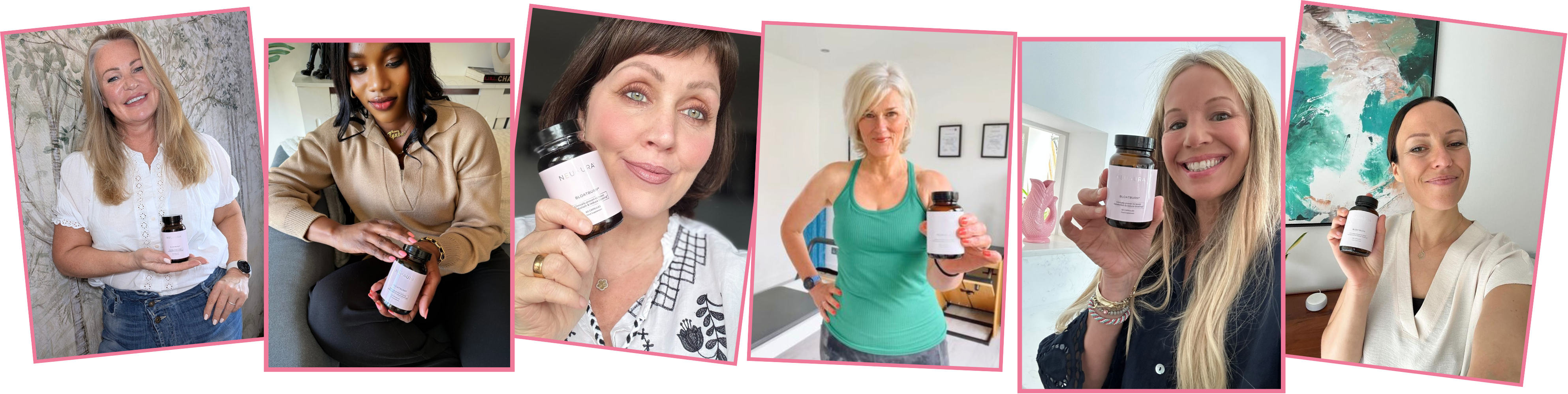 Six women holding wellness product bottles in various indoor settings, all smiling.