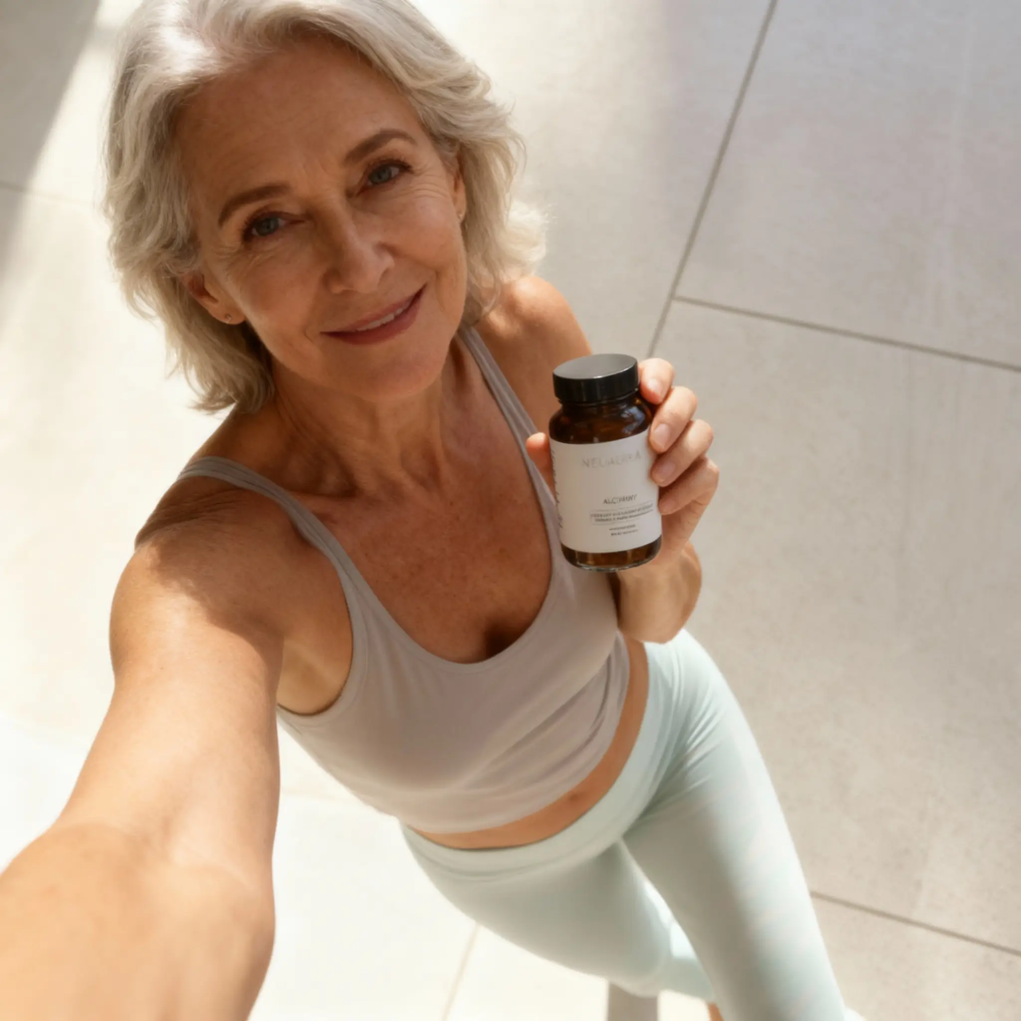Woman holding a supplement bottle, wearing gym attire, smiling at the camera.