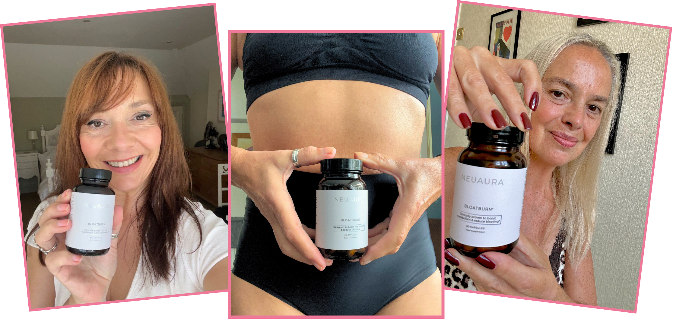 Three people holding bottles of Neuaura Bloat Burn supplements.