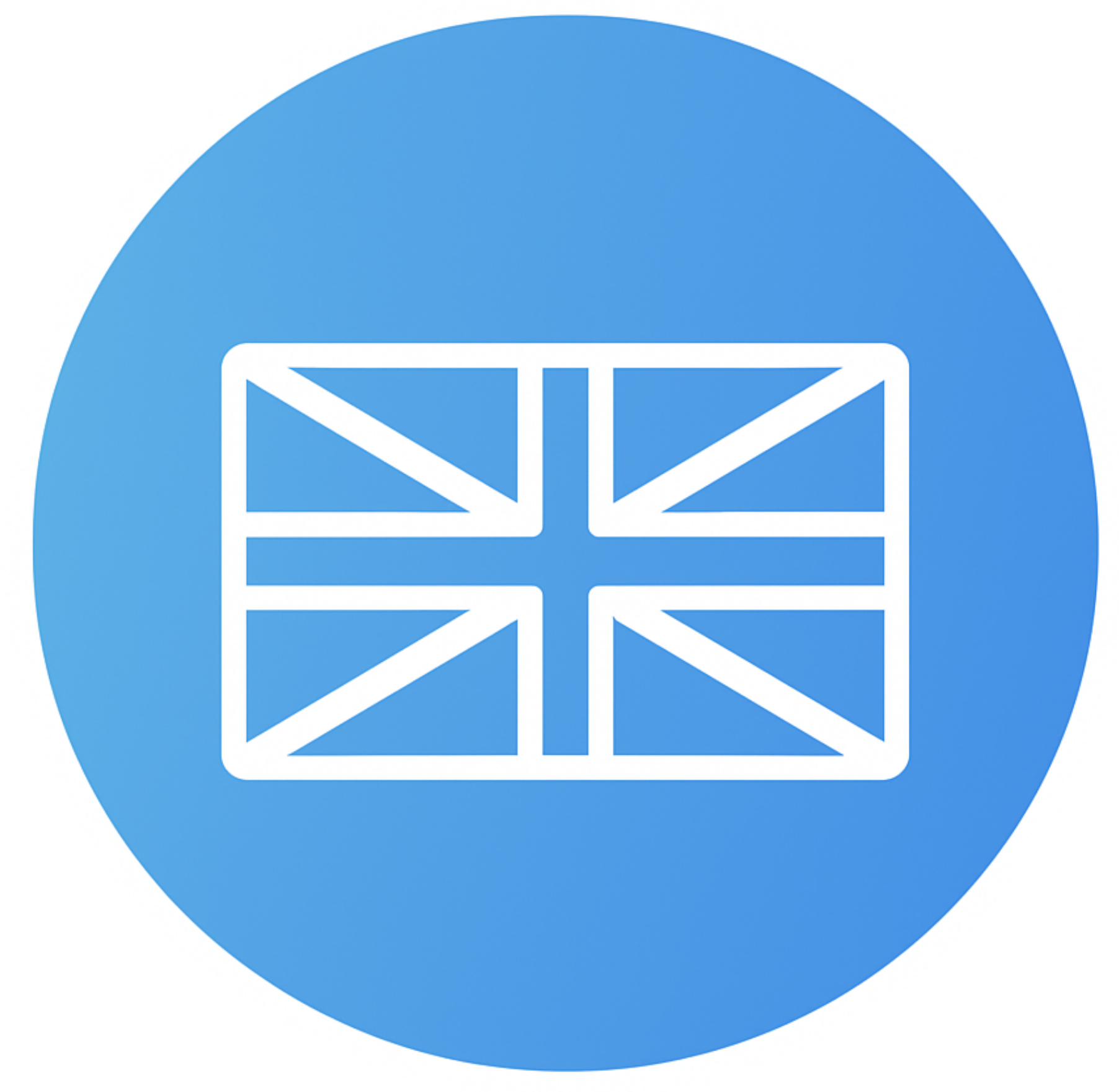 White Union Jack flag icon on a blue circular background.