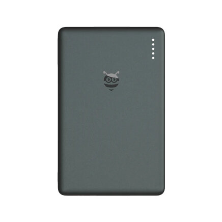 A dark gray portable power bank with a small bee logo and white LED indicator lights.