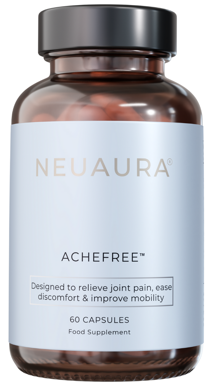 Brown bottle labeled 'NEUAURA ACHEFREE' with 60 capsules for joint pain relief.